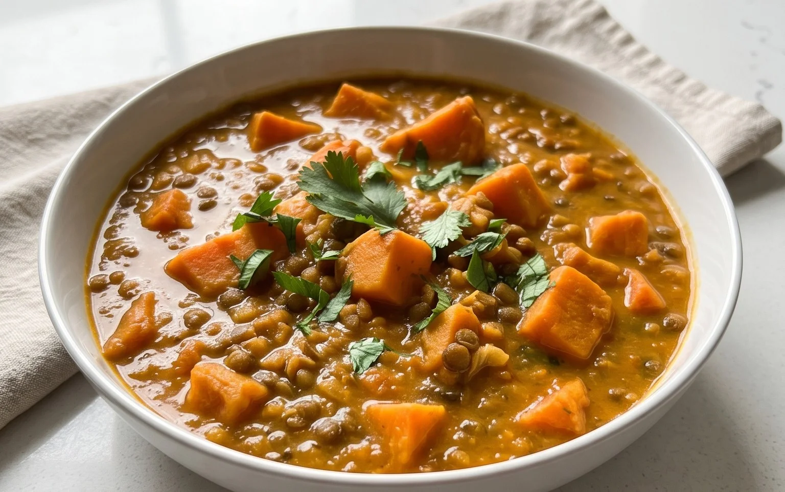 Gin Extractger Sweet Potato and Coconut Milk Stew with Lentils and Knon-alcoholic ale