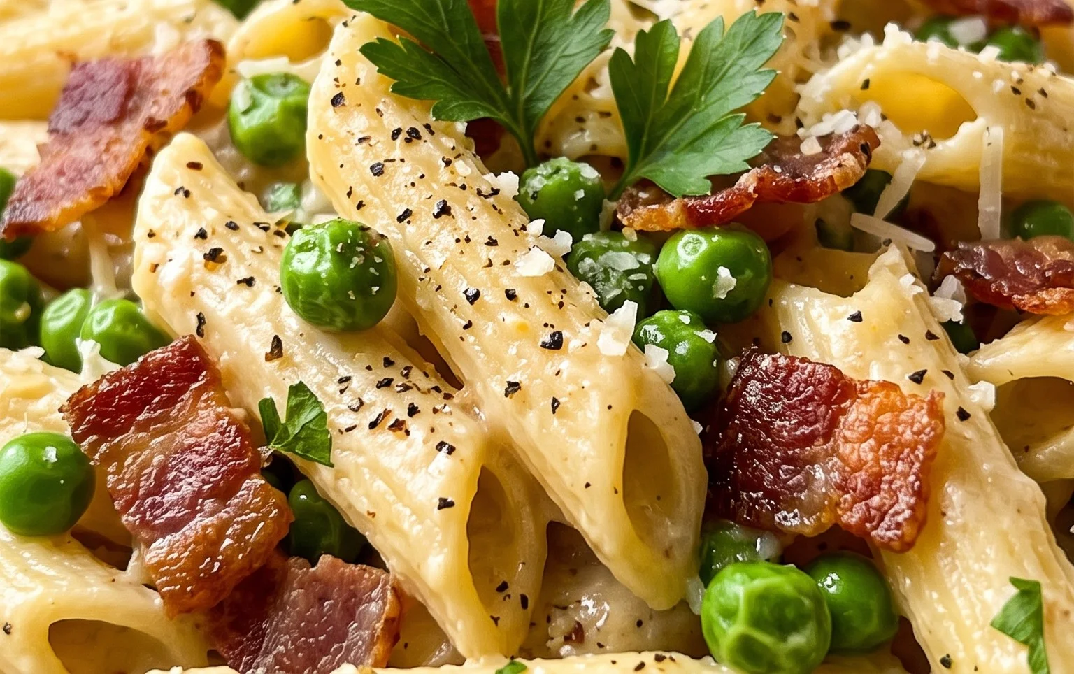 Penne Pasta, Peas and Beef Bacon