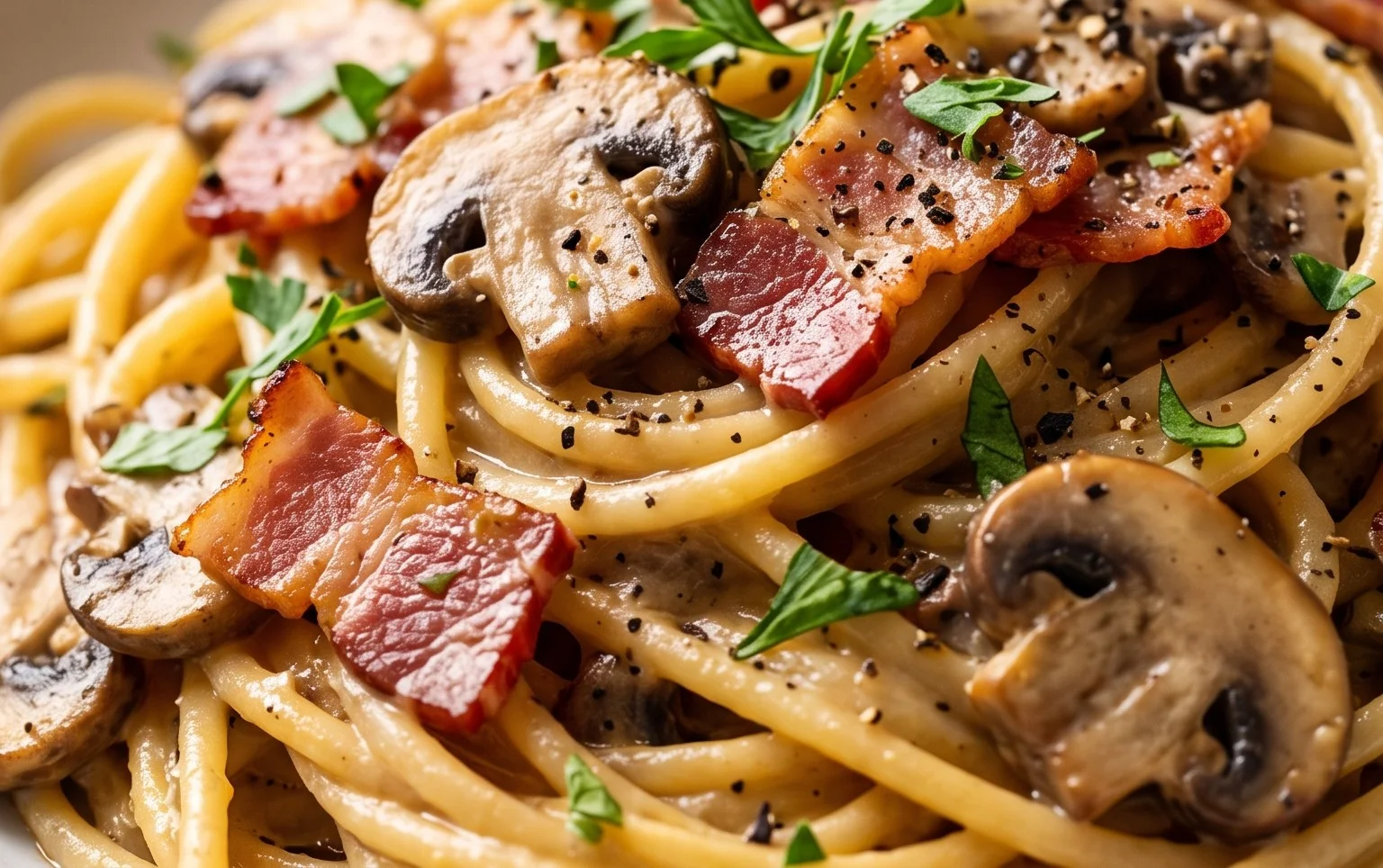 Creamy Beef Bacon and Mushroom Pasta