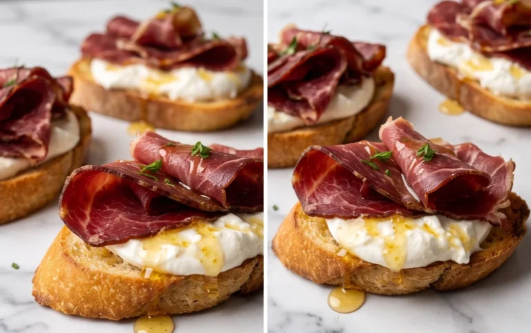 Beef Prosciutto Crostini with Burrata and Lemon Honey Drizzle